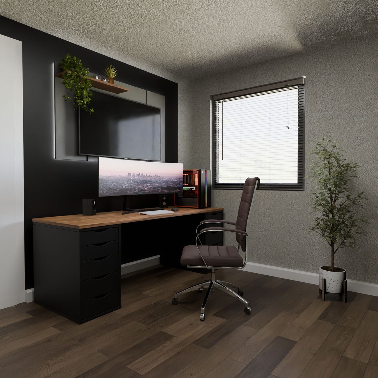 Sleek professional office setup with monitor and desk.